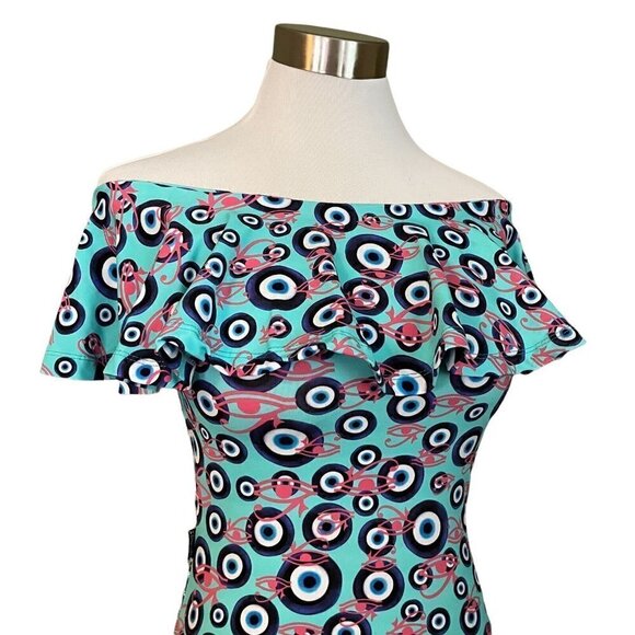 Carol Catugy Brazil Womens M Bodysuit Blue Evil Eye of Horus Print Off Shoulder - Picture 2 of 8